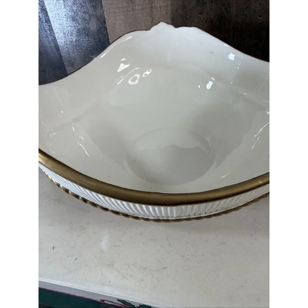 VTG 1989 Fitz Floyd Old Tyme Holiday Ceramic Bowl Ribbed Red‎ Gold Flawed w/ Box